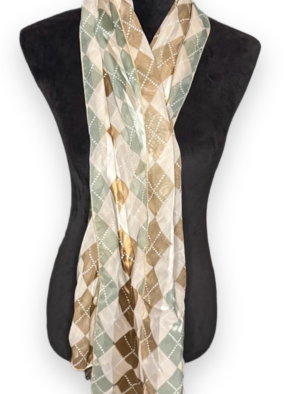 Argyle Pattern Lightweight Scarf in Sage, Gold, Cream, and Tan